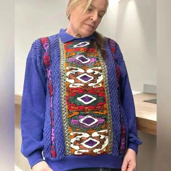 1980s VTG purple coogi style Southwest Aztec abstract purple hip hop sweater-L - Picture 4 of 9